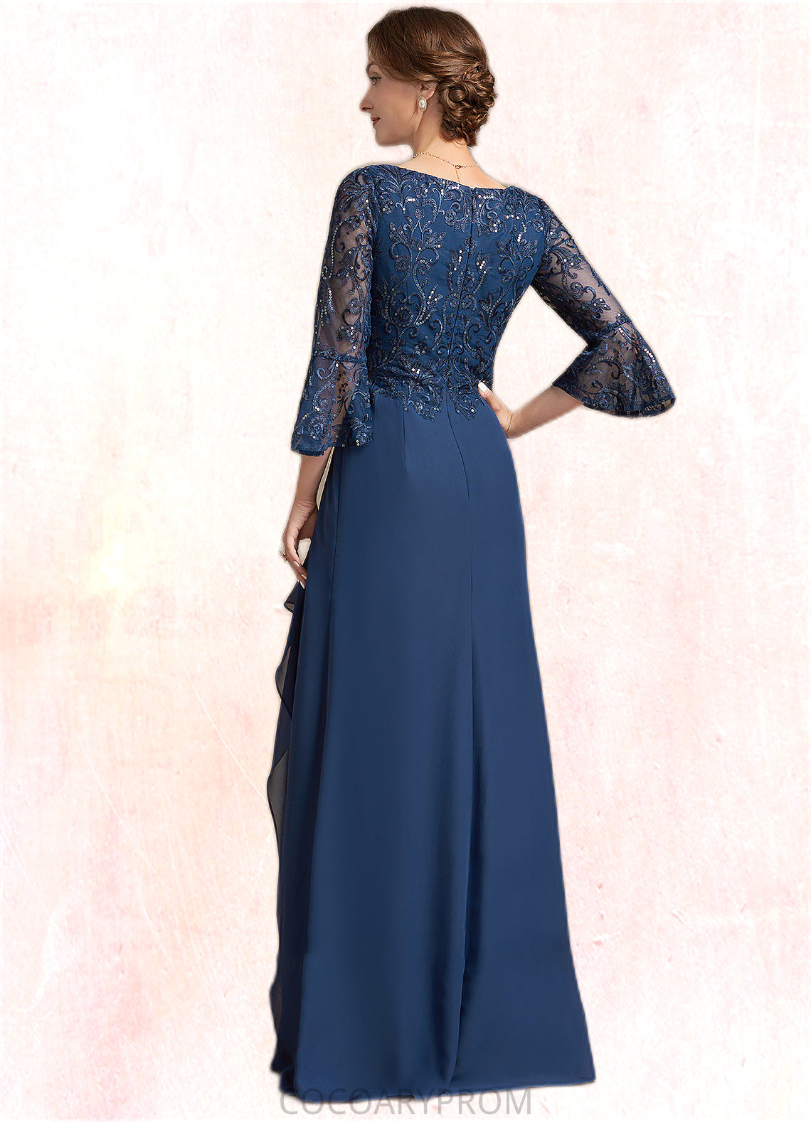 Asia A-Line V-neck Floor-Length Chiffon Lace Mother of the Bride Dress With Sequins Cascading Ruffles DA8126P0014825