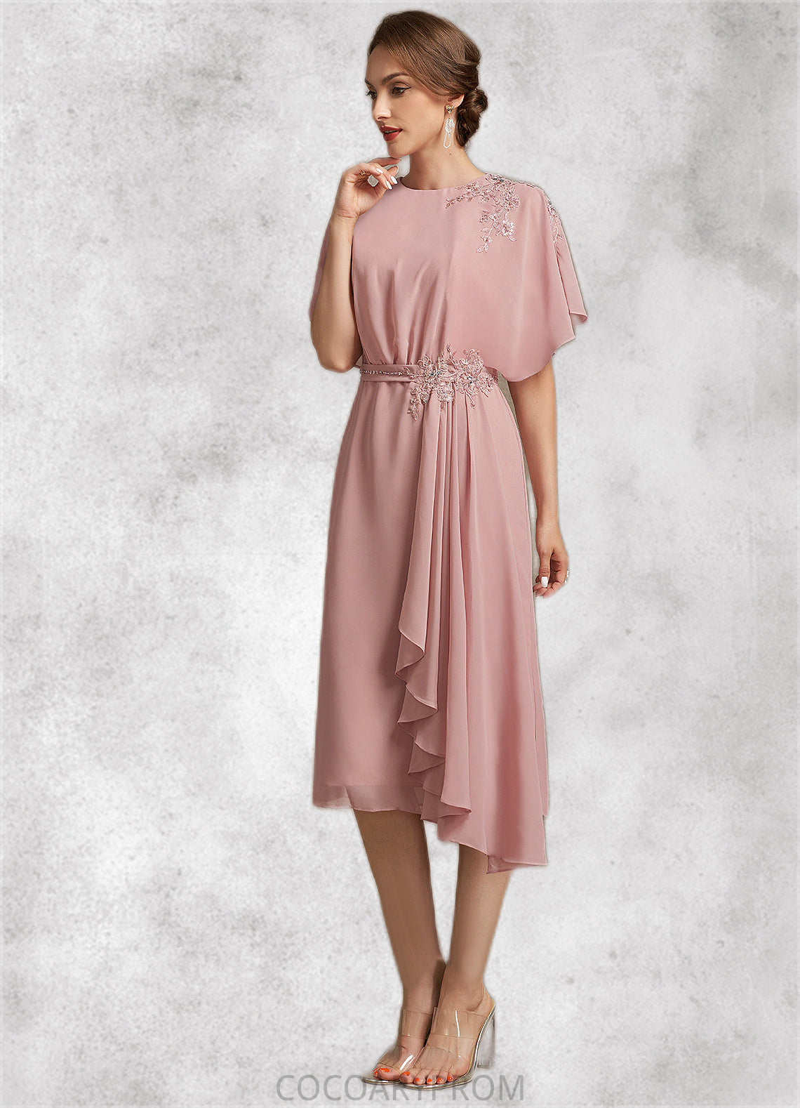 Samara Sheath/Column Scoop Neck Knee-Length Chiffon Mother of the Bride Dress With Appliques Lace DA8126P0014829