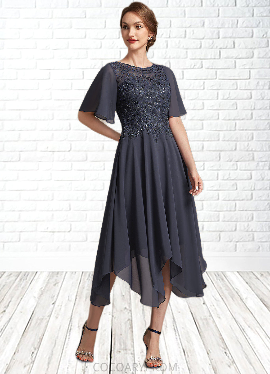 Maya A-Line Scoop Neck Tea-Length Chiffon Lace Mother of the Bride Dress With Sequins DA8126P0014830