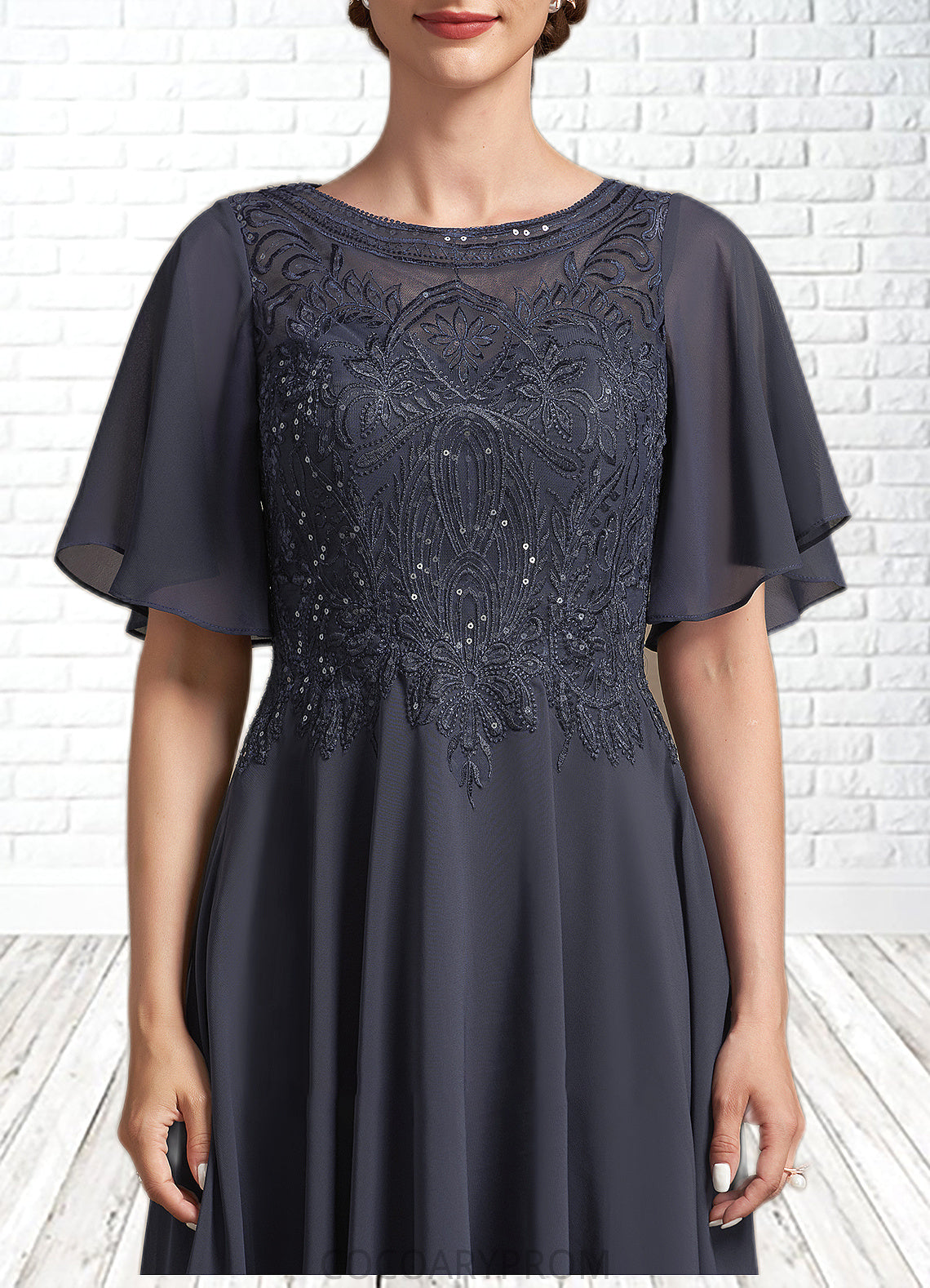 Maya A-Line Scoop Neck Tea-Length Chiffon Lace Mother of the Bride Dress With Sequins DA8126P0014830