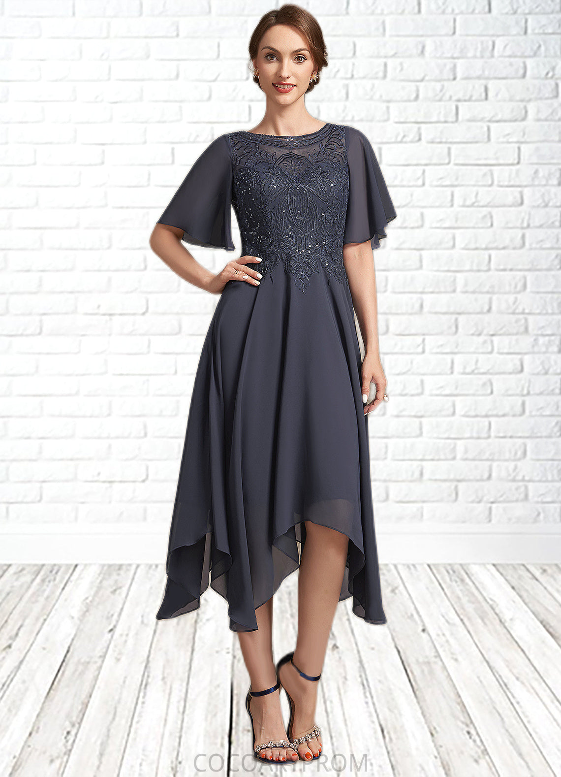 Maya A-Line Scoop Neck Tea-Length Chiffon Lace Mother of the Bride Dress With Sequins DA8126P0014830