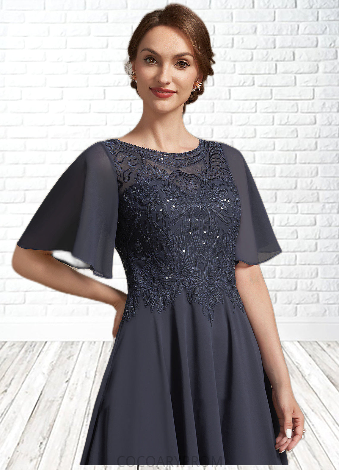 Maya A-Line Scoop Neck Tea-Length Chiffon Lace Mother of the Bride Dress With Sequins DA8126P0014830