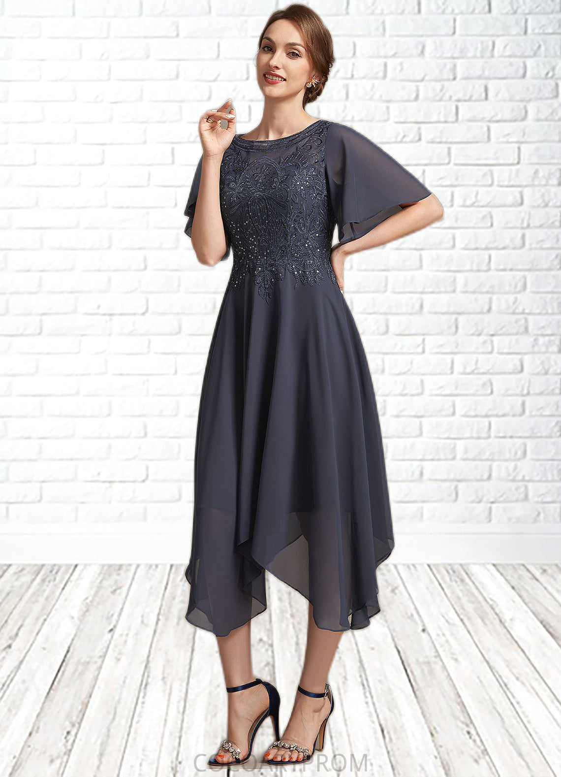 Maya A-Line Scoop Neck Tea-Length Chiffon Lace Mother of the Bride Dress With Sequins DA8126P0014830