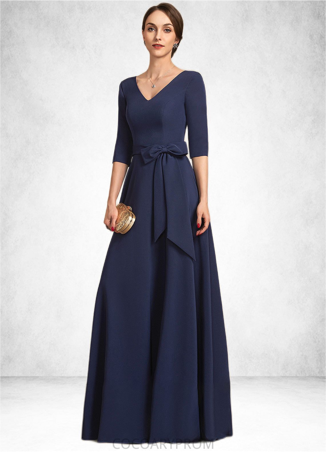 Hailie A-Line V-neck Floor-Length Stretch Crepe Mother of the Bride Dress With Bow(s) DA8126P0014831