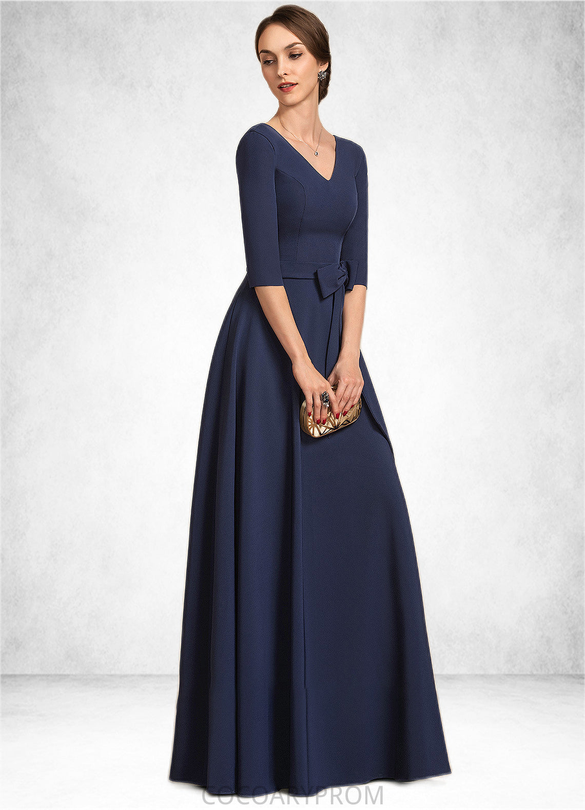 Hailie A-Line V-neck Floor-Length Stretch Crepe Mother of the Bride Dress With Bow(s) DA8126P0014831