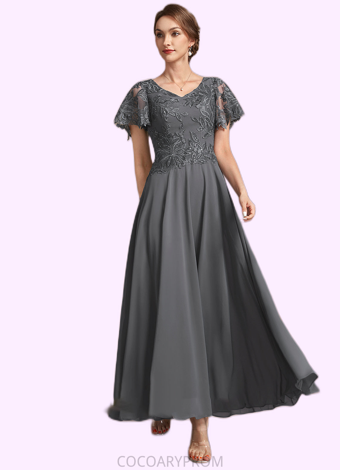 Celeste A-Line V-neck Ankle-Length Chiffon Lace Mother of the Bride Dress With Sequins DA8126P0014838