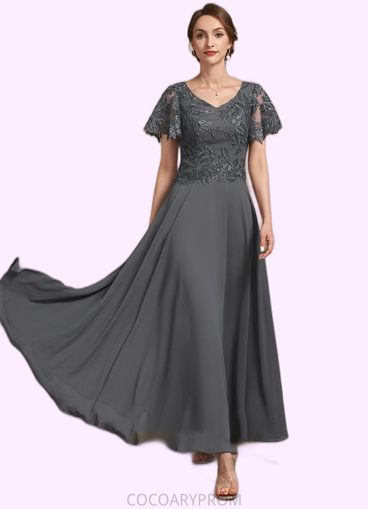 Celeste A-Line V-neck Ankle-Length Chiffon Lace Mother of the Bride Dress With Sequins DA8126P0014838