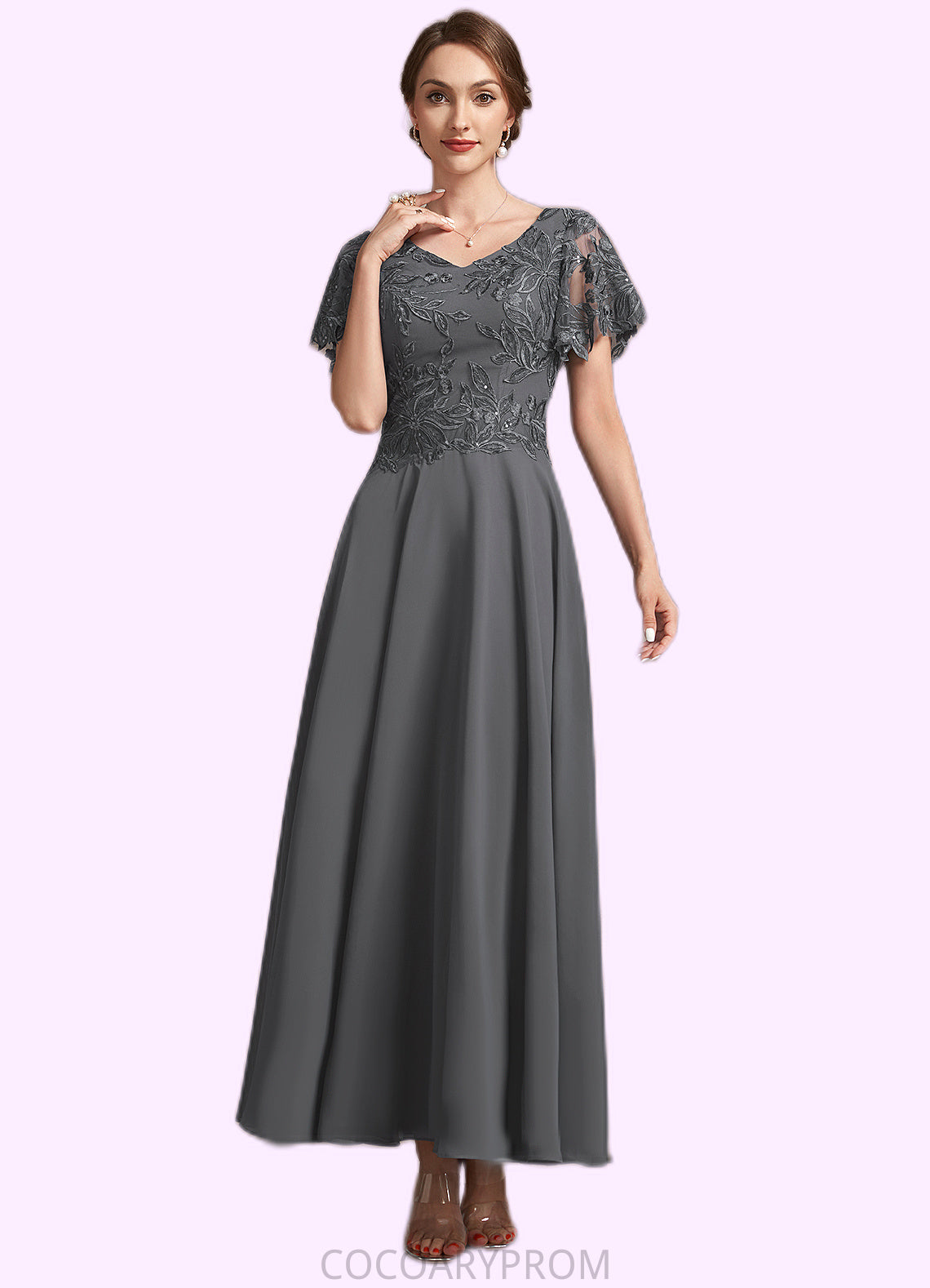 Celeste A-Line V-neck Ankle-Length Chiffon Lace Mother of the Bride Dress With Sequins DA8126P0014838