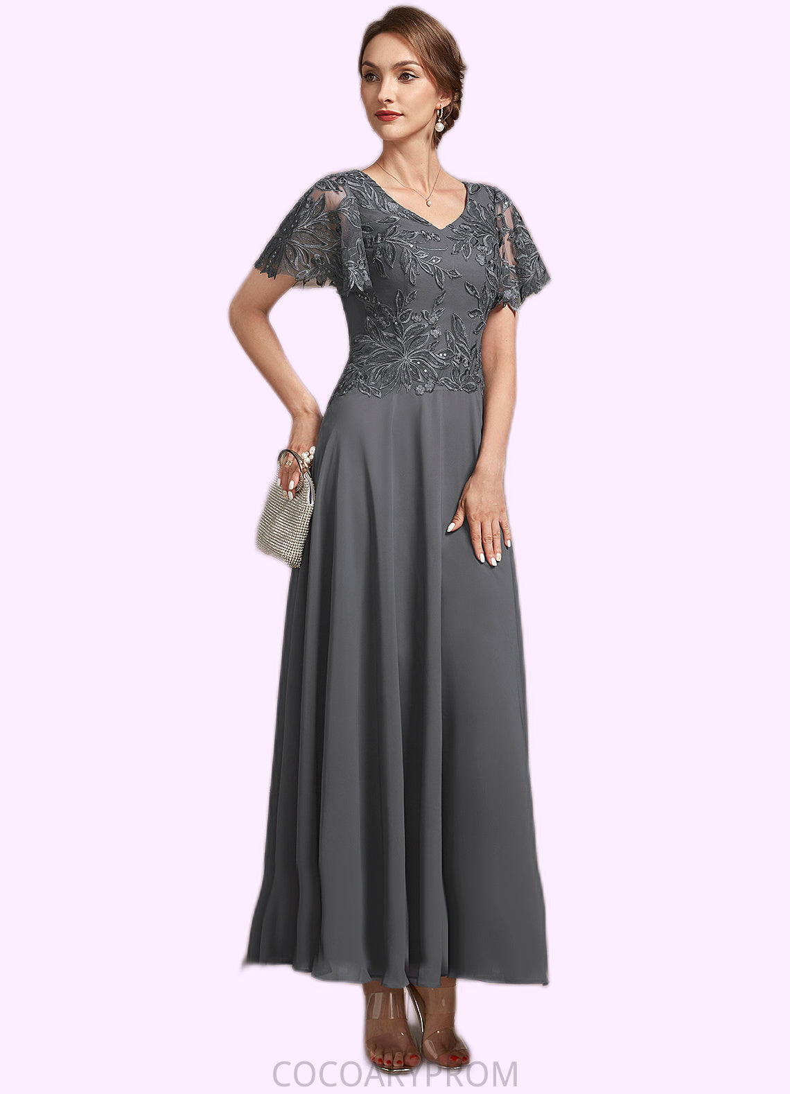 Celeste A-Line V-neck Ankle-Length Chiffon Lace Mother of the Bride Dress With Sequins DA8126P0014838