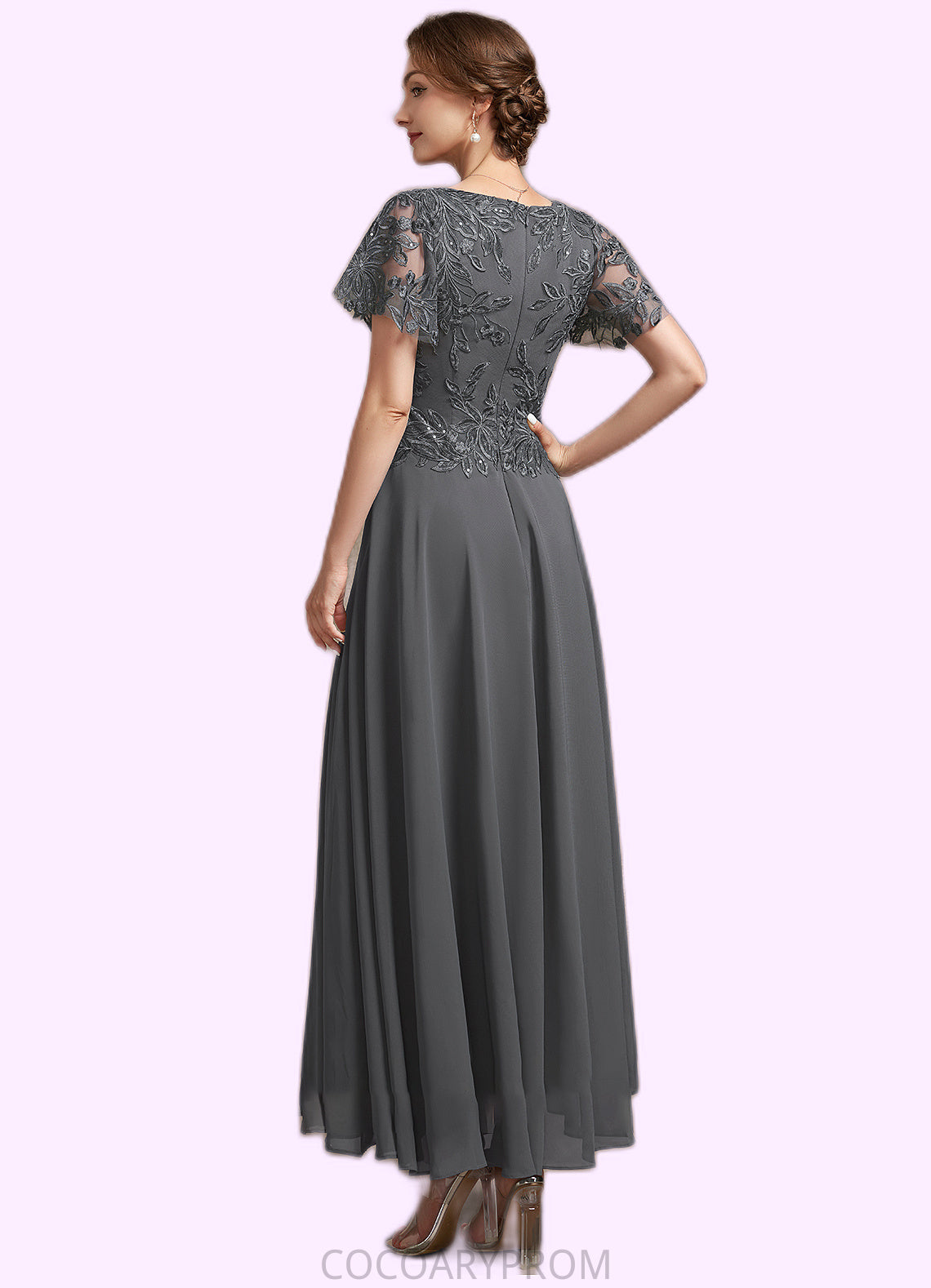 Celeste A-Line V-neck Ankle-Length Chiffon Lace Mother of the Bride Dress With Sequins DA8126P0014838