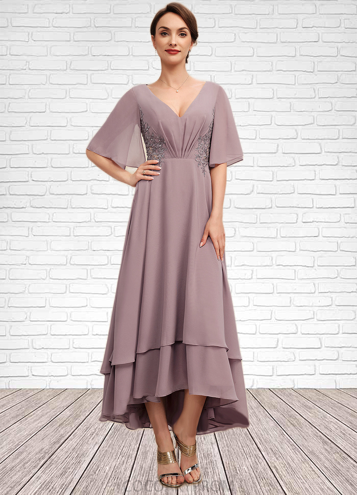 Hannah A-Line V-neck Asymmetrical Chiffon Mother of the Bride Dress With Ruffle Lace Beading DA8126P0014839