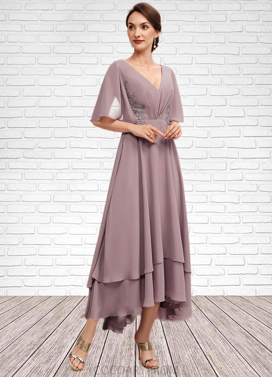 Hannah A-Line V-neck Asymmetrical Chiffon Mother of the Bride Dress With Ruffle Lace Beading DA8126P0014839