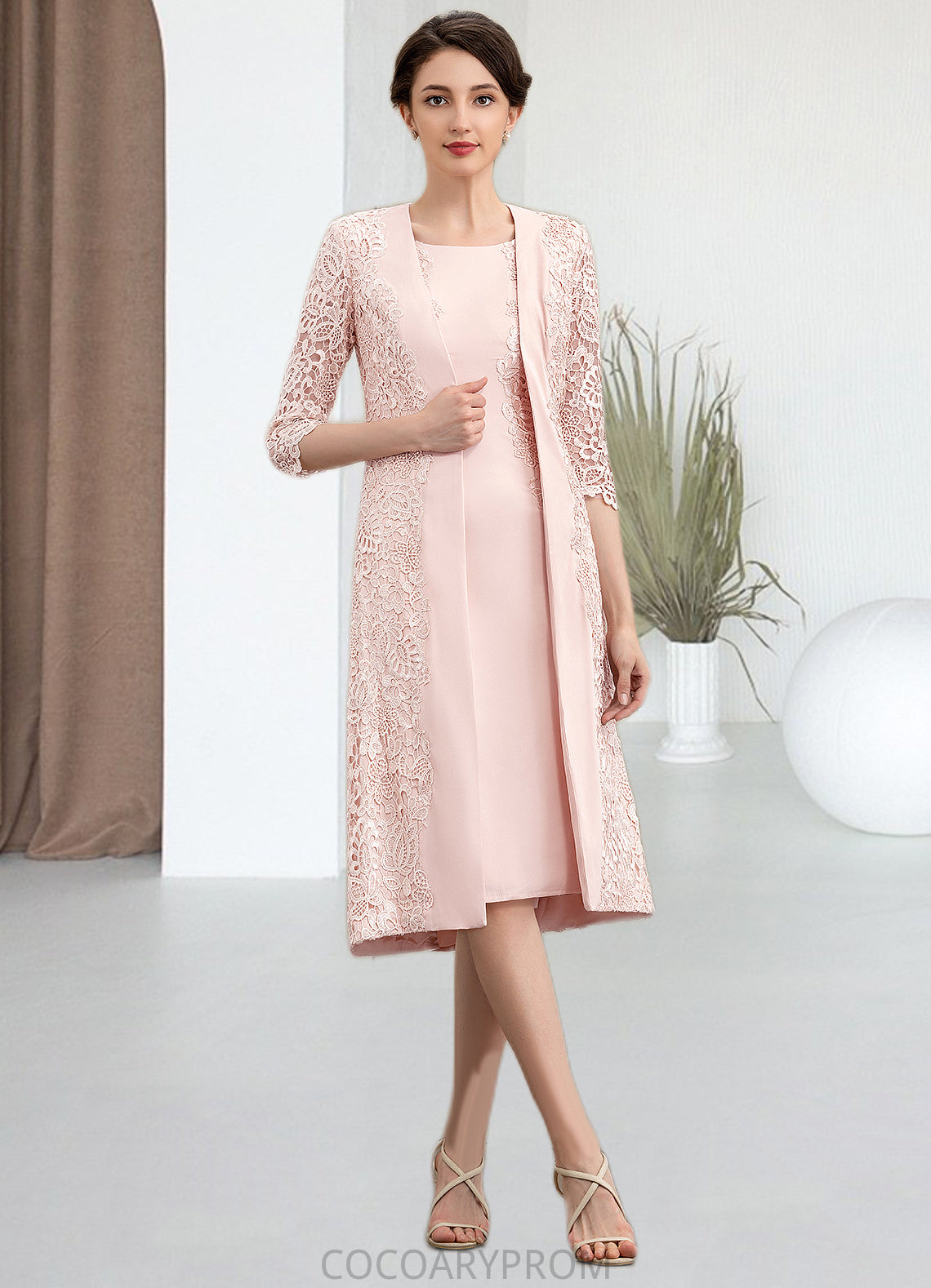 Hazel Sheath/Column Scoop Neck Knee-Length Lace Stretch Crepe Mother of the Bride Dress DA8126P0014843