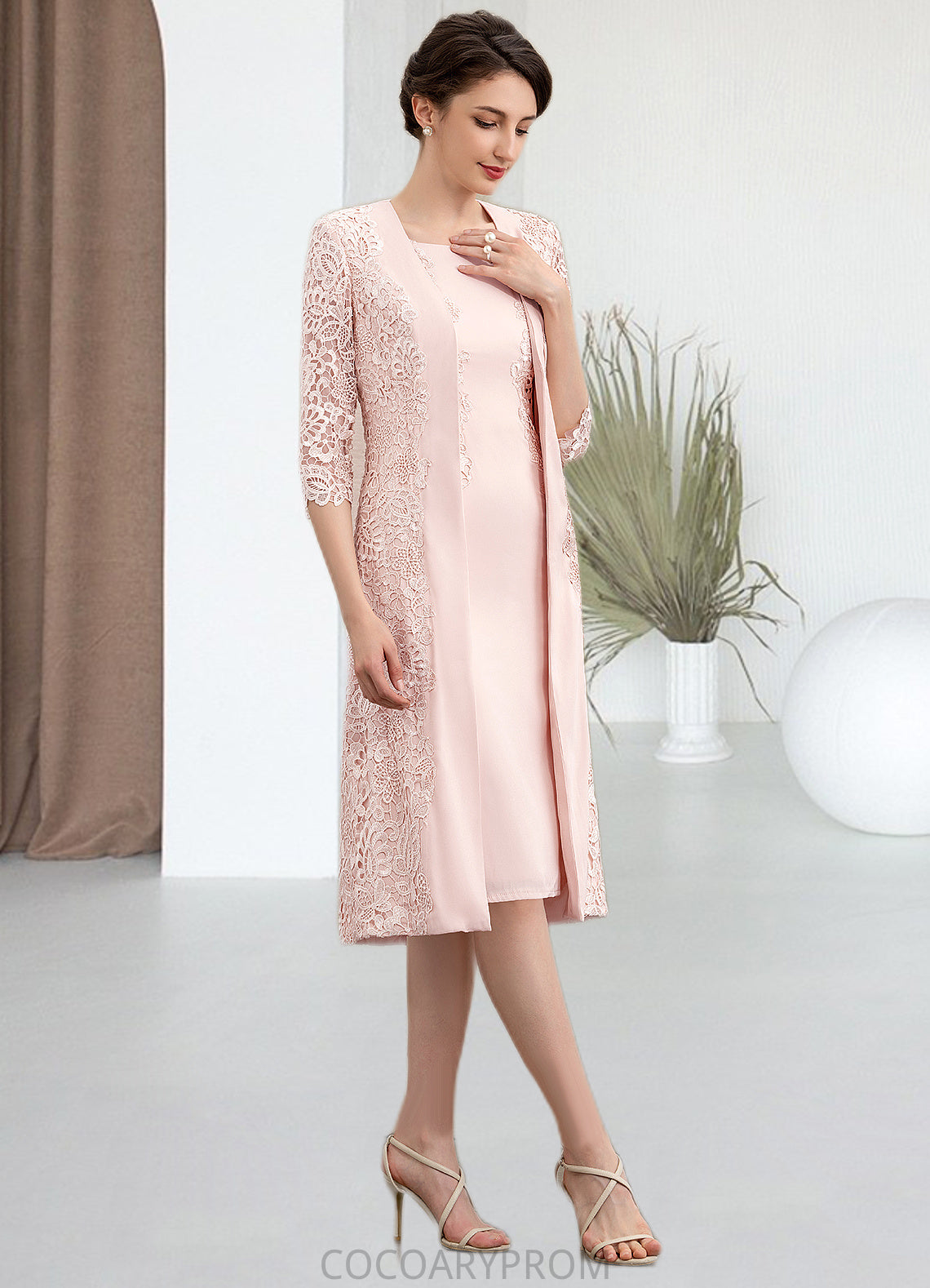 Hazel Sheath/Column Scoop Neck Knee-Length Lace Stretch Crepe Mother of the Bride Dress DA8126P0014843