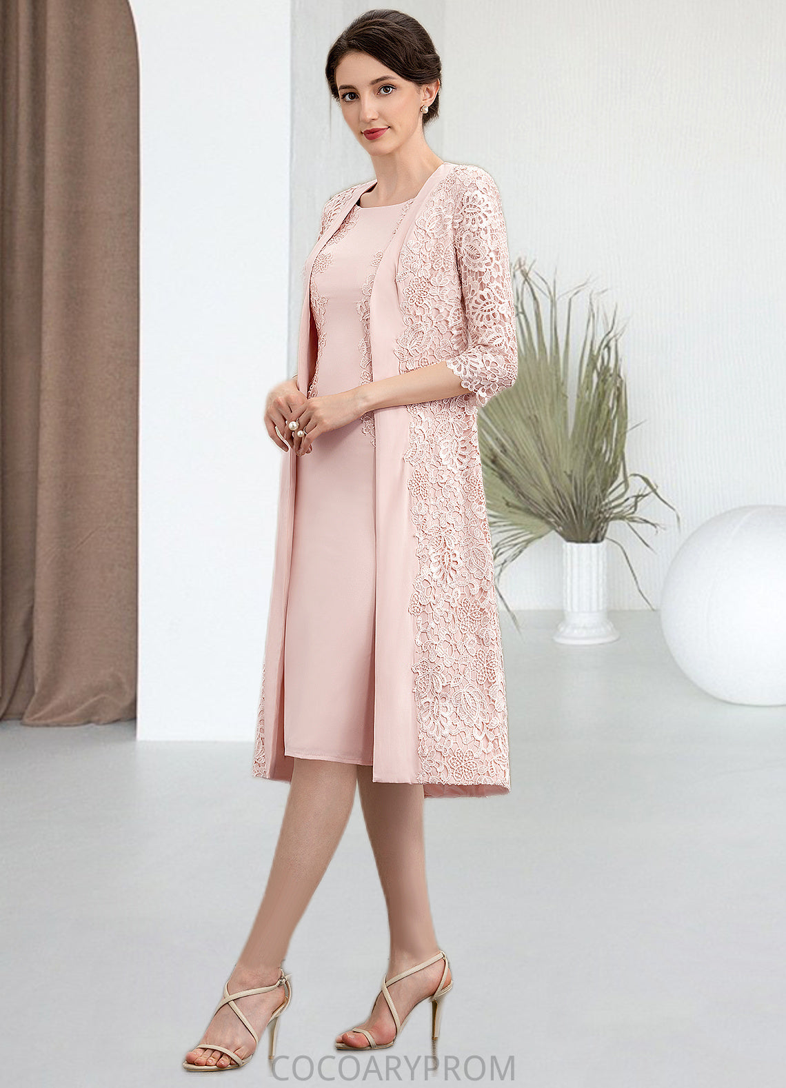 Hazel Sheath/Column Scoop Neck Knee-Length Lace Stretch Crepe Mother of the Bride Dress DA8126P0014843