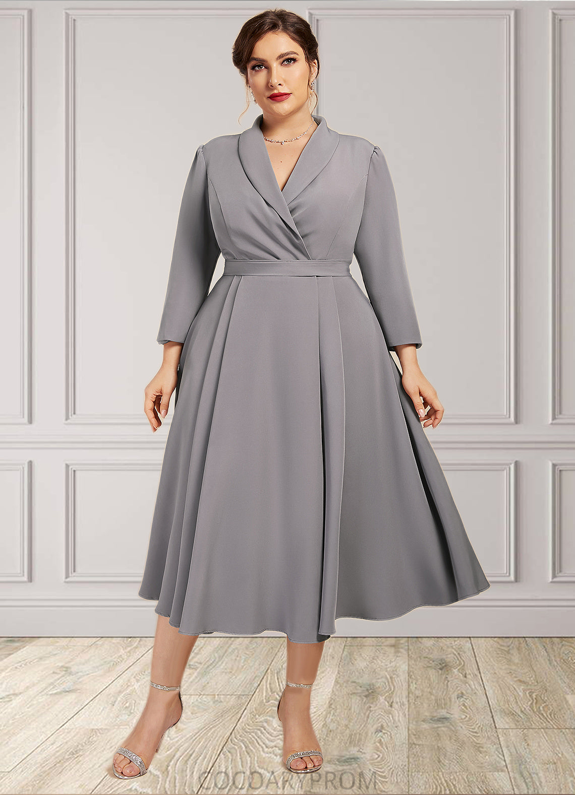 Rosalie A-Line V-neck Tea-Length Stretch Crepe Mother of the Bride Dress DA8126P0014844