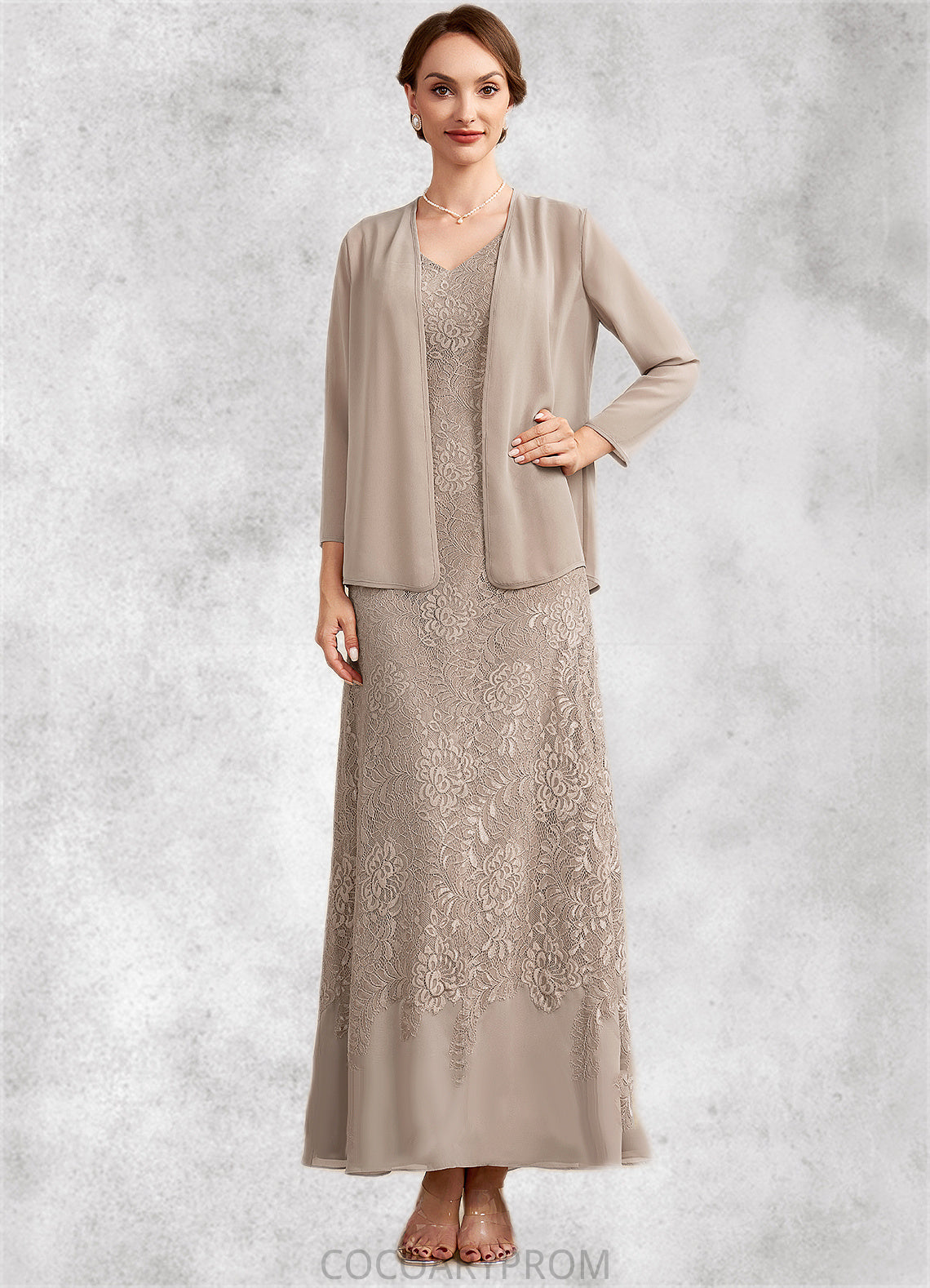 Caitlin A-Line V-neck Ankle-Length Chiffon Lace Mother of the Bride Dress DA8126P0014851