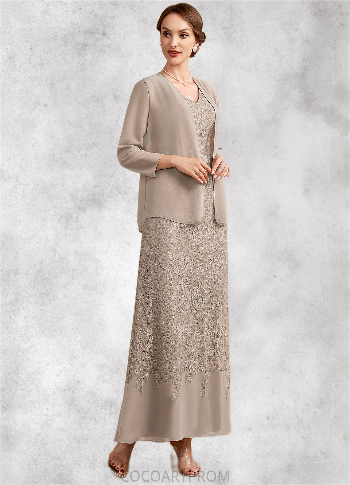 Caitlin A-Line V-neck Ankle-Length Chiffon Lace Mother of the Bride Dress DA8126P0014851