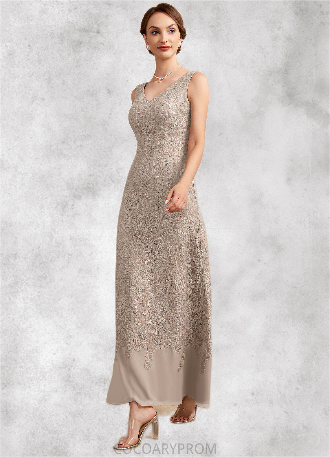 Caitlin A-Line V-neck Ankle-Length Chiffon Lace Mother of the Bride Dress DA8126P0014851