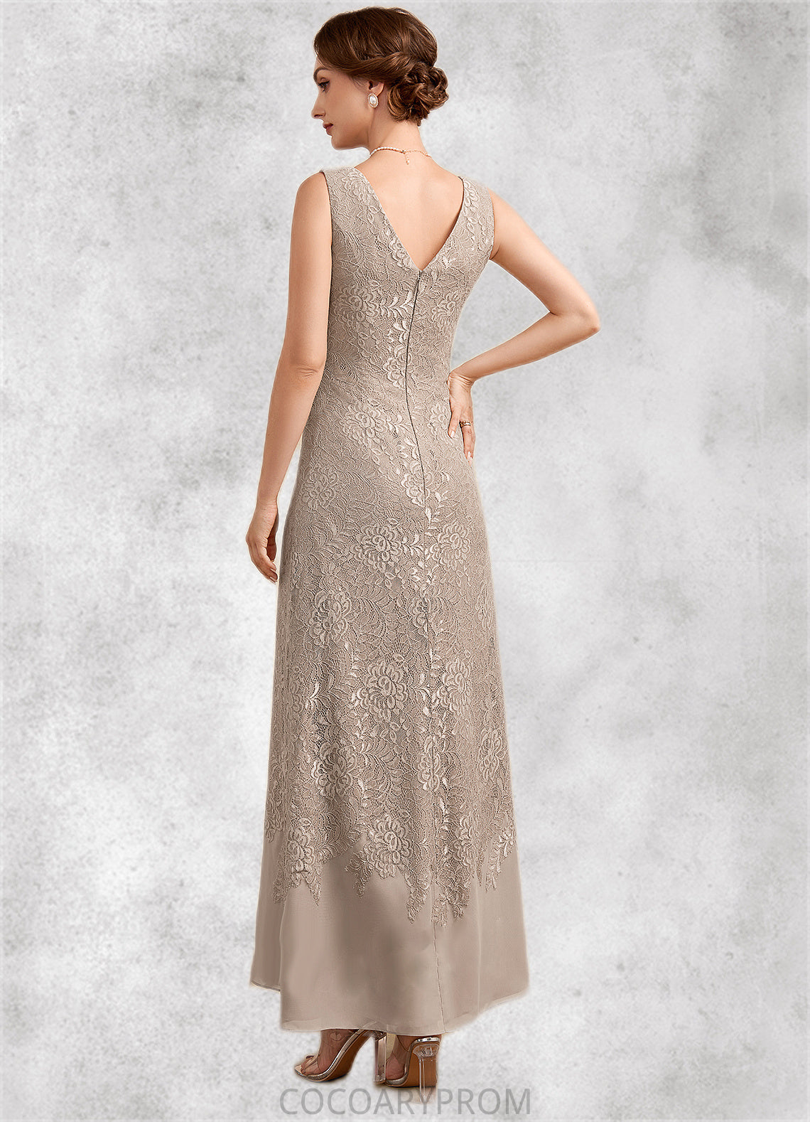 Caitlin A-Line V-neck Ankle-Length Chiffon Lace Mother of the Bride Dress DA8126P0014851