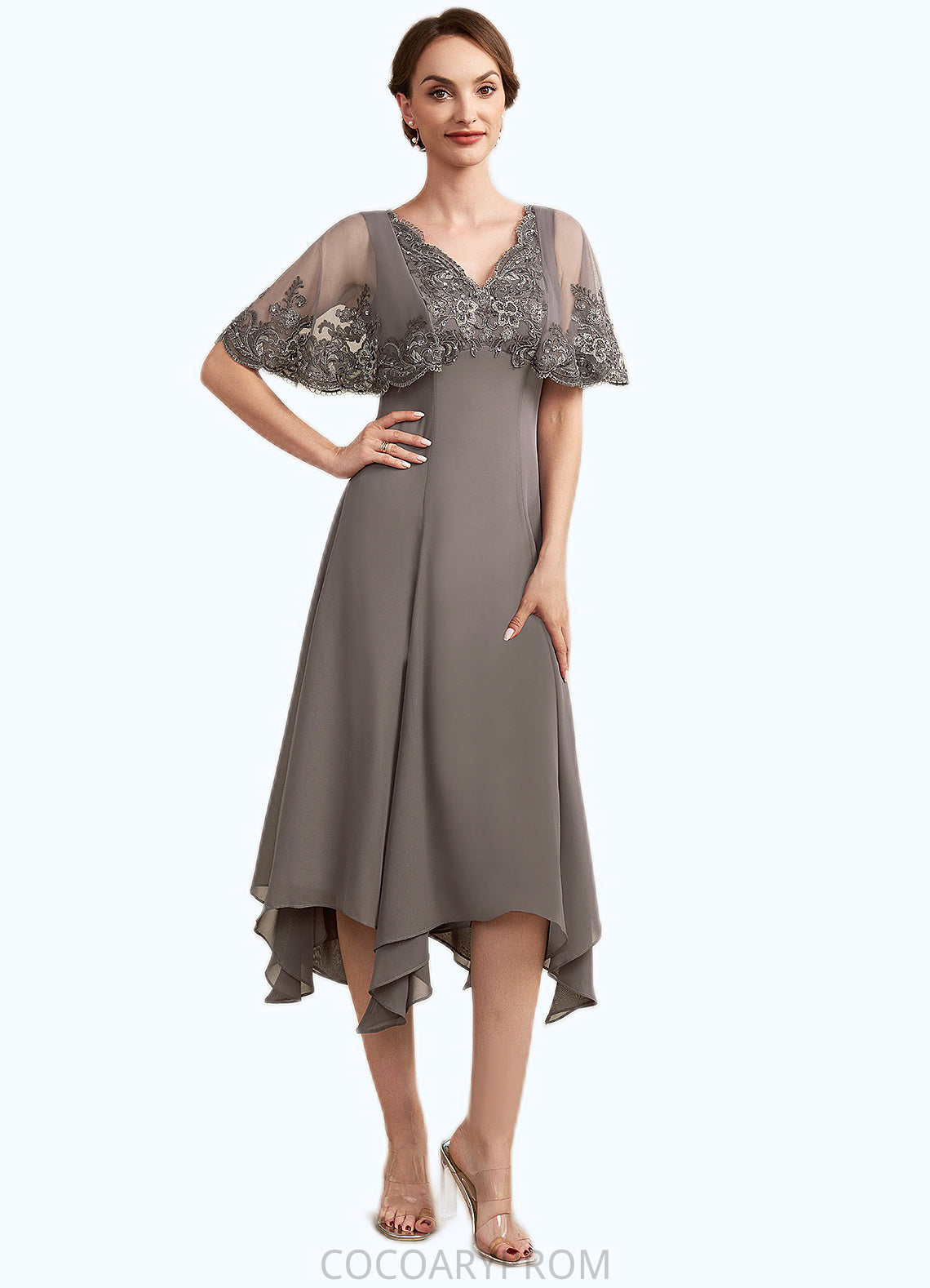 Tatiana A-Line V-neck Tea-Length Chiffon Lace Mother of the Bride Dress With Beading Sequins DA8126P0014852