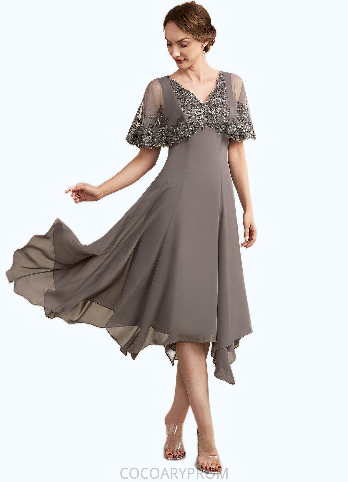 Tatiana A-Line V-neck Tea-Length Chiffon Lace Mother of the Bride Dress With Beading Sequins DA8126P0014852