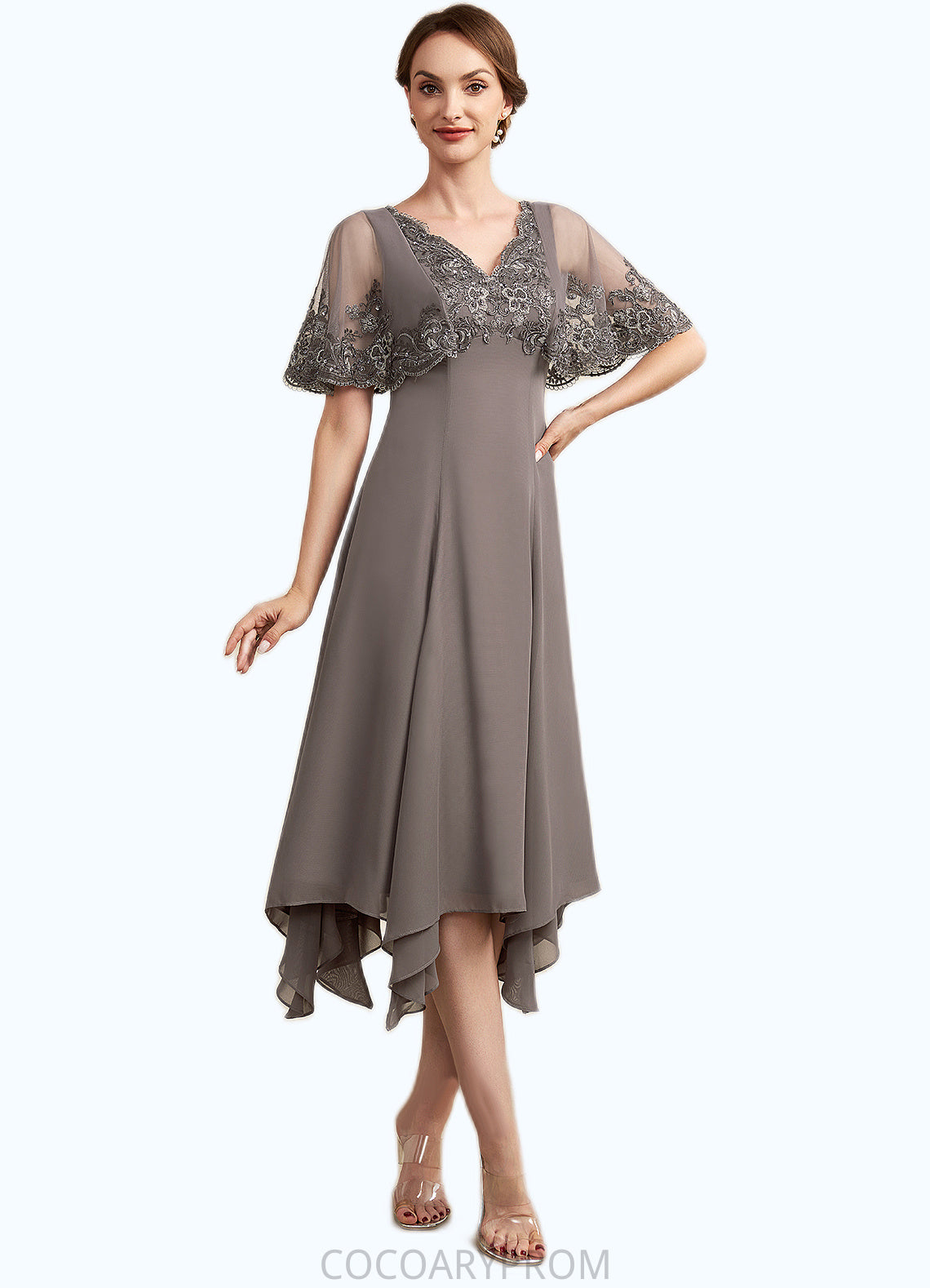 Tatiana A-Line V-neck Tea-Length Chiffon Lace Mother of the Bride Dress With Beading Sequins DA8126P0014852