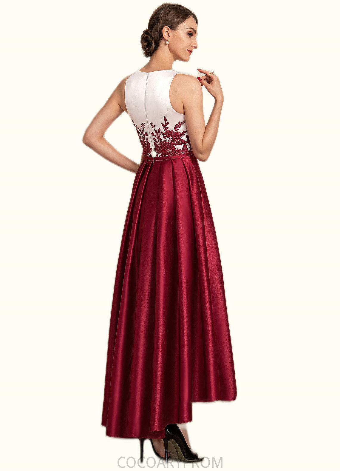 Lynn A-Line Scoop Neck Asymmetrical Satin Lace Mother of the Bride Dress With Ruffle Sequins Pockets DA8126P0014853