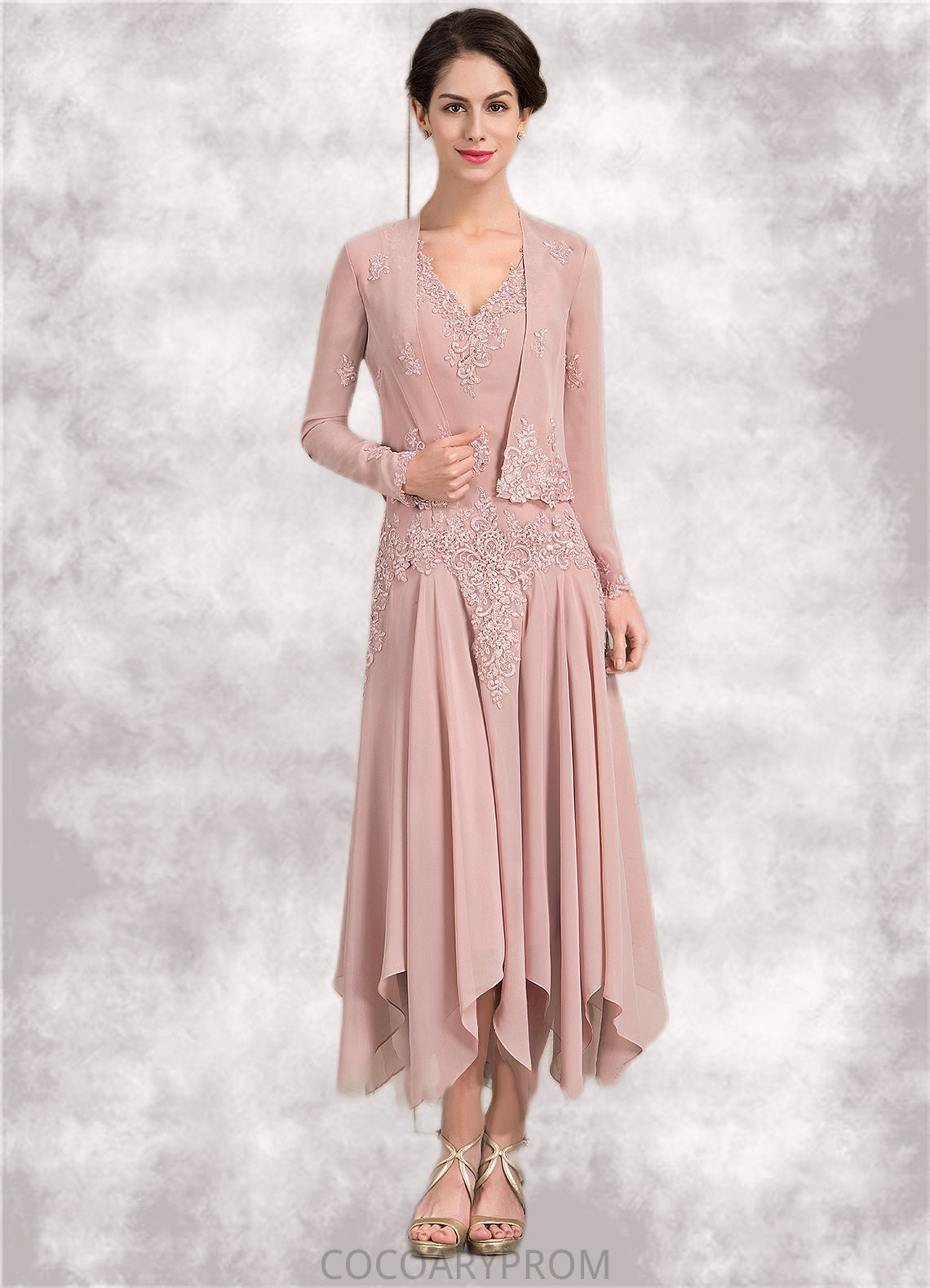 Lila A-Line V-neck Ankle-Length Chiffon Mother of the Bride Dress With Appliques Lace Sequins DA8126P0014855