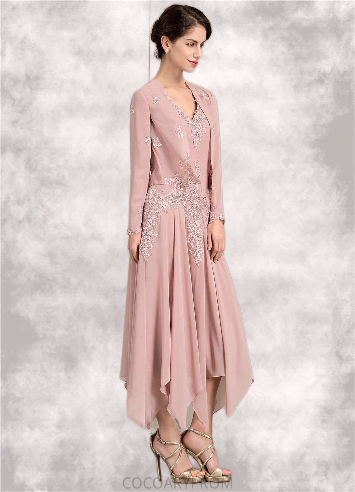 Lila A-Line V-neck Ankle-Length Chiffon Mother of the Bride Dress With Appliques Lace Sequins DA8126P0014855