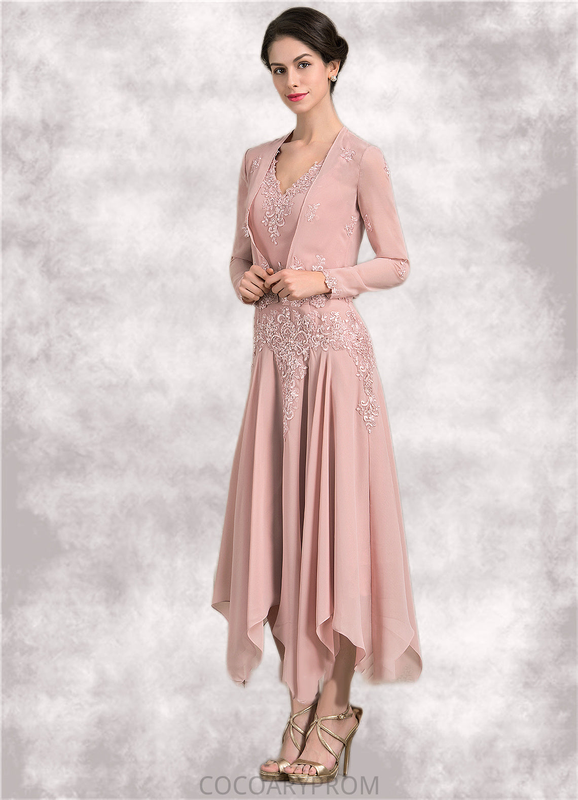 Lila A-Line V-neck Ankle-Length Chiffon Mother of the Bride Dress With Appliques Lace Sequins DA8126P0014855