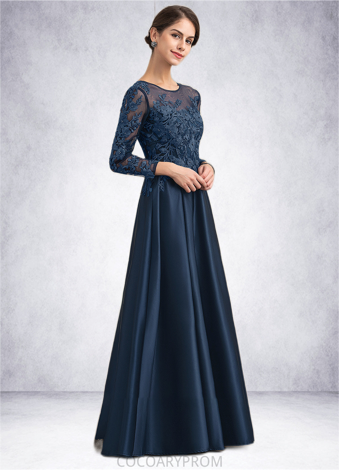 Penelope A-Line Scoop Neck Floor-Length Satin Lace Mother of the Bride Dress With Beading DA8126P0014858