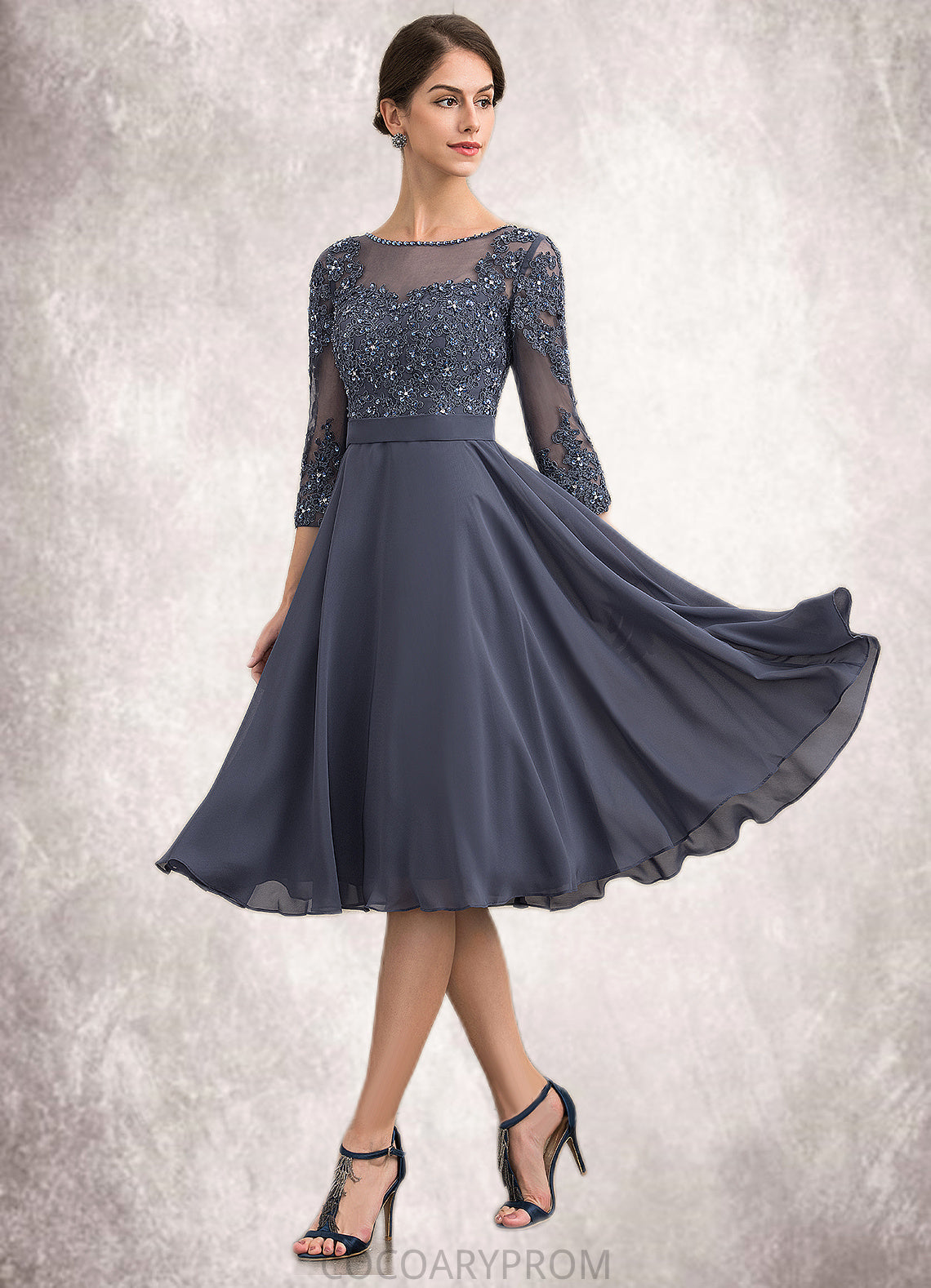 Diamond A-Line Scoop Neck Knee-Length Chiffon Lace Mother of the Bride Dress With Beading Sequins DA8126P0014861