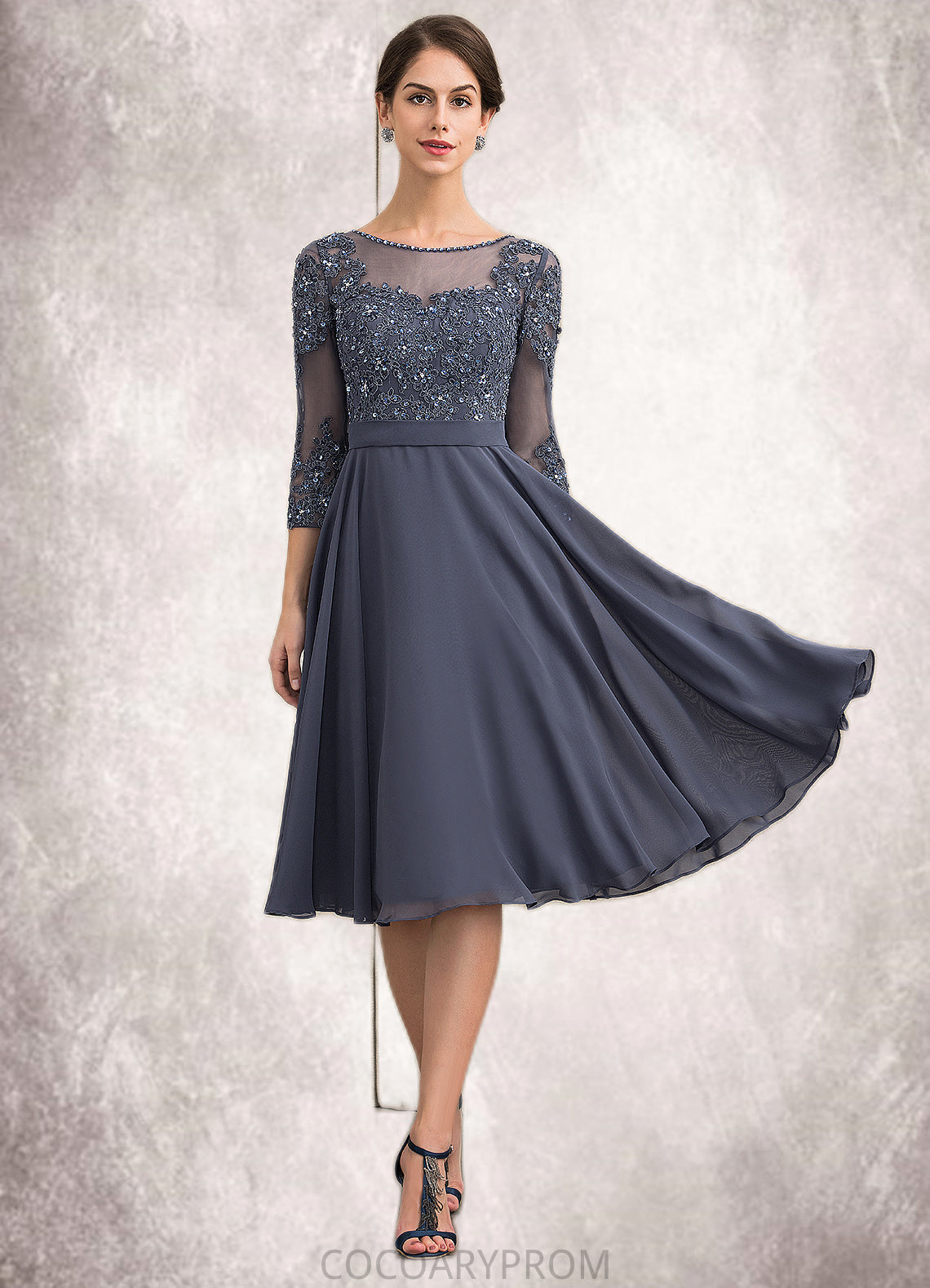 Diamond A-Line Scoop Neck Knee-Length Chiffon Lace Mother of the Bride Dress With Beading Sequins DA8126P0014861