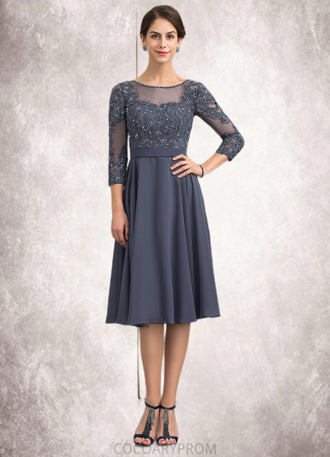 Diamond A-Line Scoop Neck Knee-Length Chiffon Lace Mother of the Bride Dress With Beading Sequins DA8126P0014861