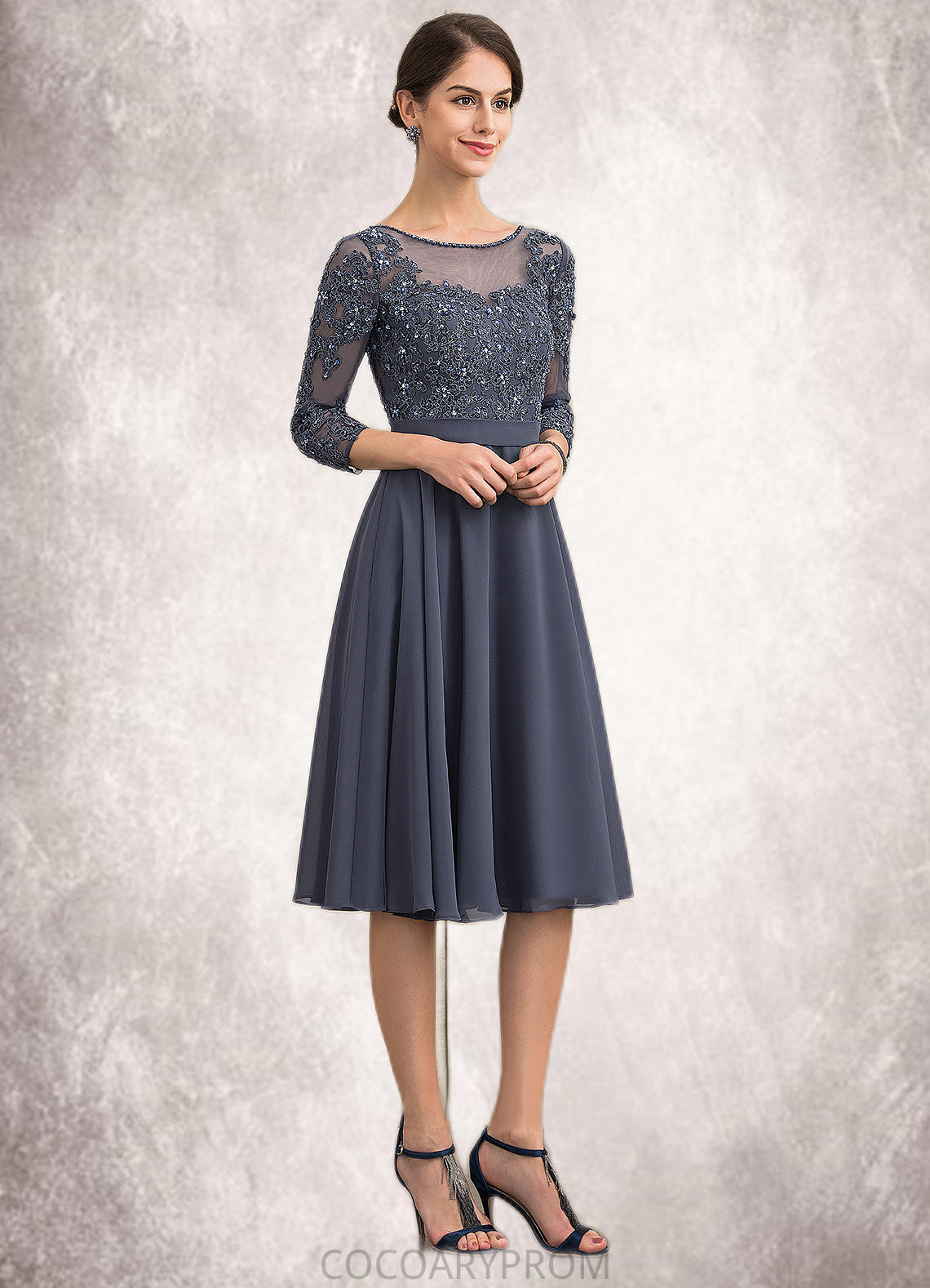 Diamond A-Line Scoop Neck Knee-Length Chiffon Lace Mother of the Bride Dress With Beading Sequins DA8126P0014861