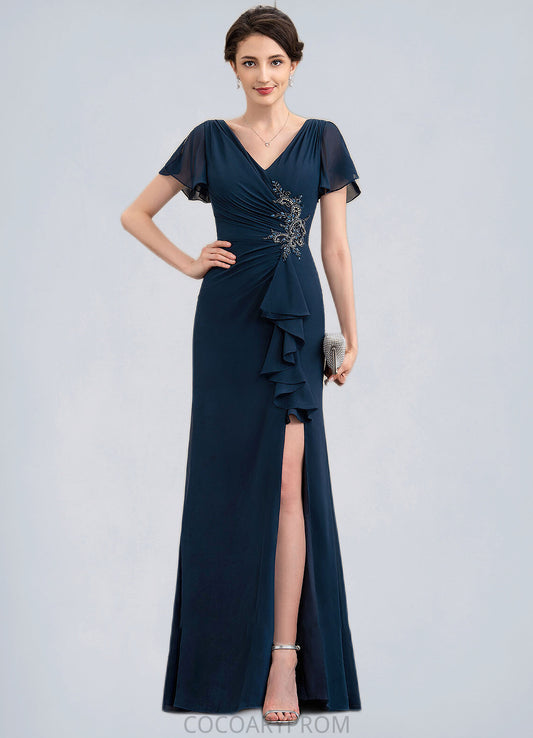 Amani Sheath/Column V-neck Floor-Length Chiffon Mother of the Bride Dress With Beading Split Front Cascading Ruffles DA8126P0014868