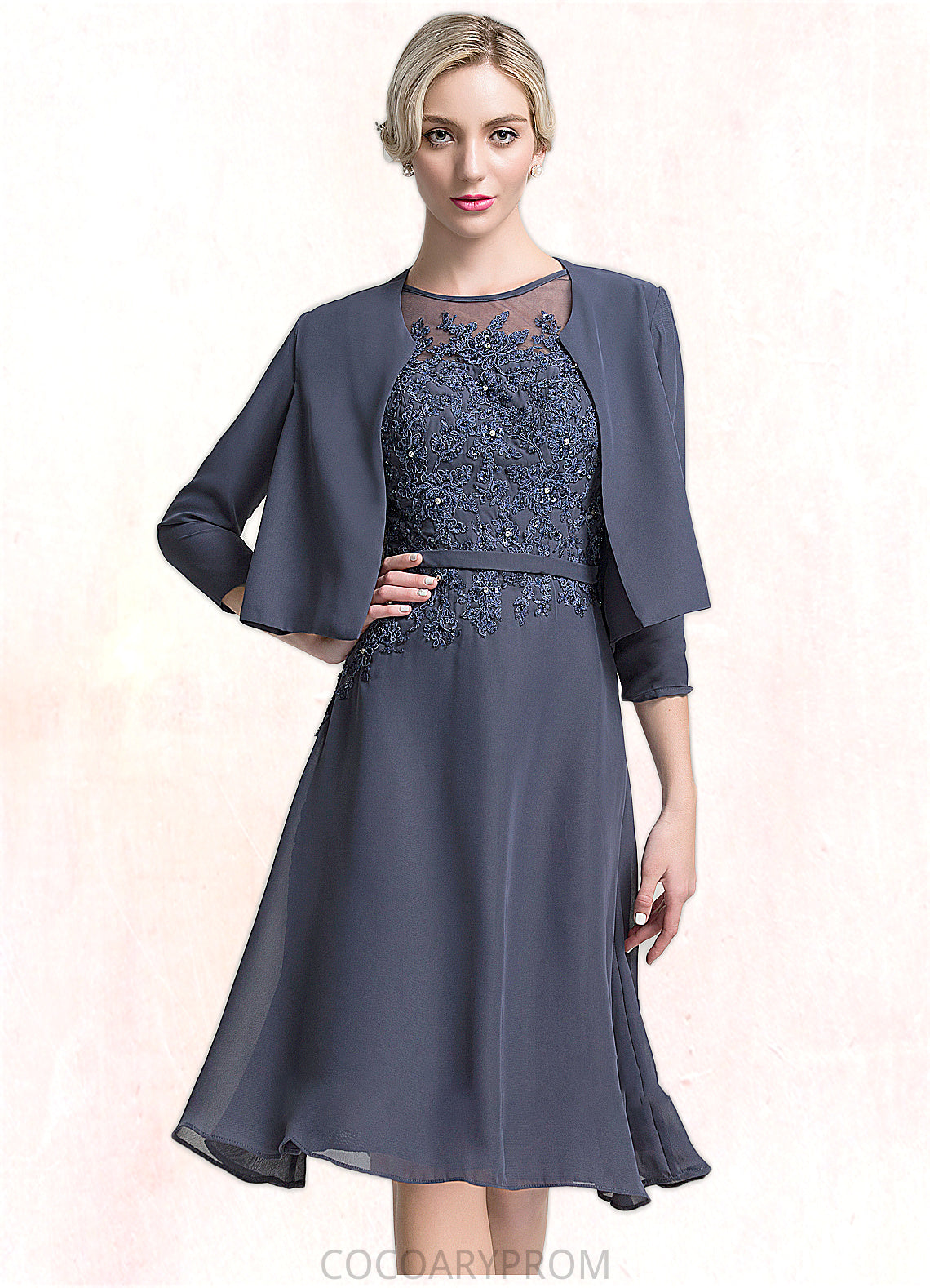 Luna A-Line Scoop Neck Knee-Length Chiffon Mother of the Bride Dress With Beading Sequins DA8126P0014871