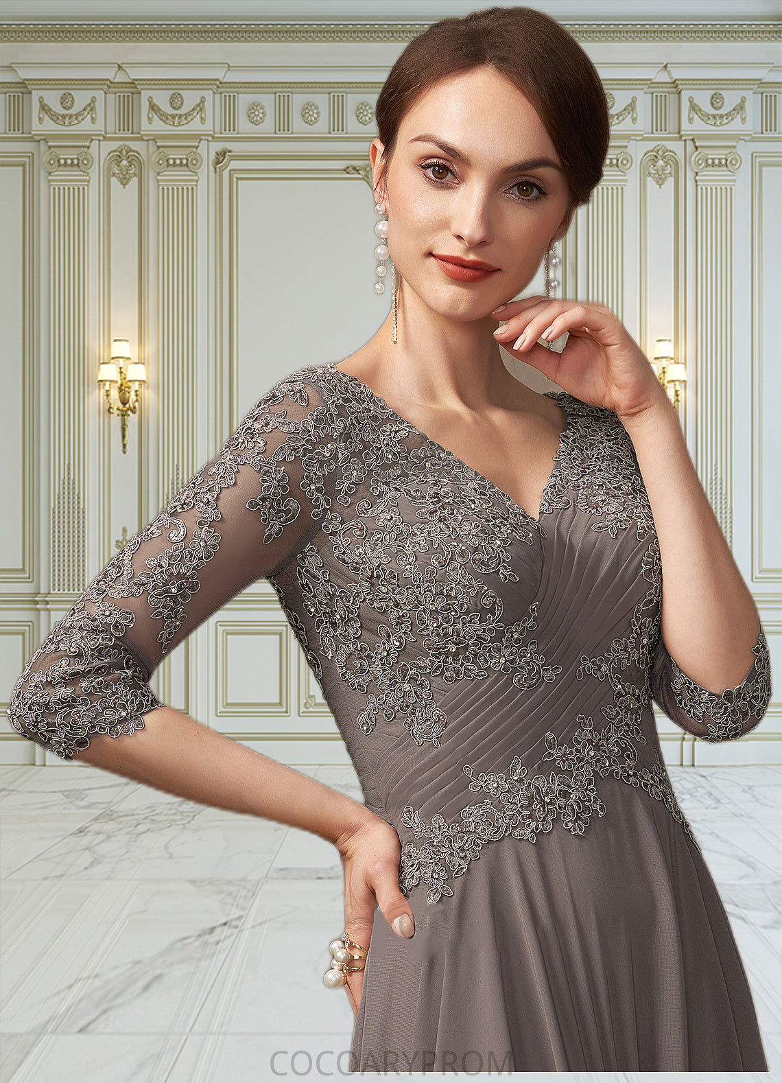 Amanda A-Line V-neck Floor-Length Chiffon Lace Mother of the Bride Dress With Beading Sequins DA8126P0014876