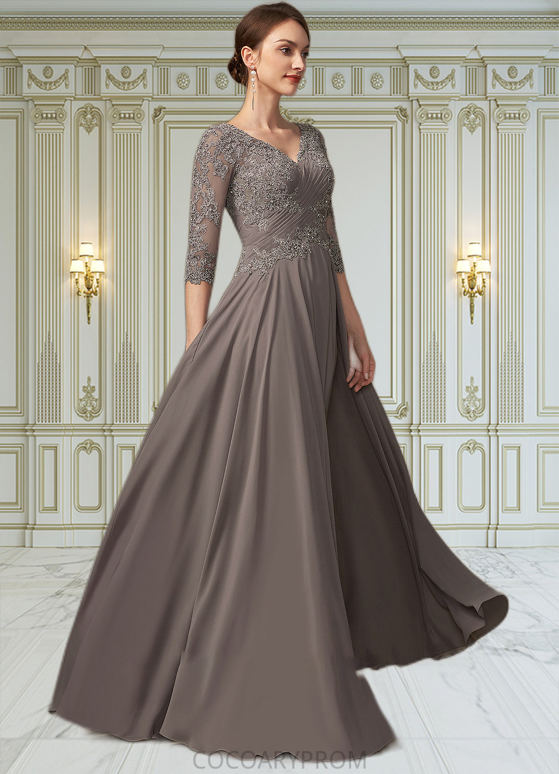 Amanda A-Line V-neck Floor-Length Chiffon Lace Mother of the Bride Dress With Beading Sequins DA8126P0014876