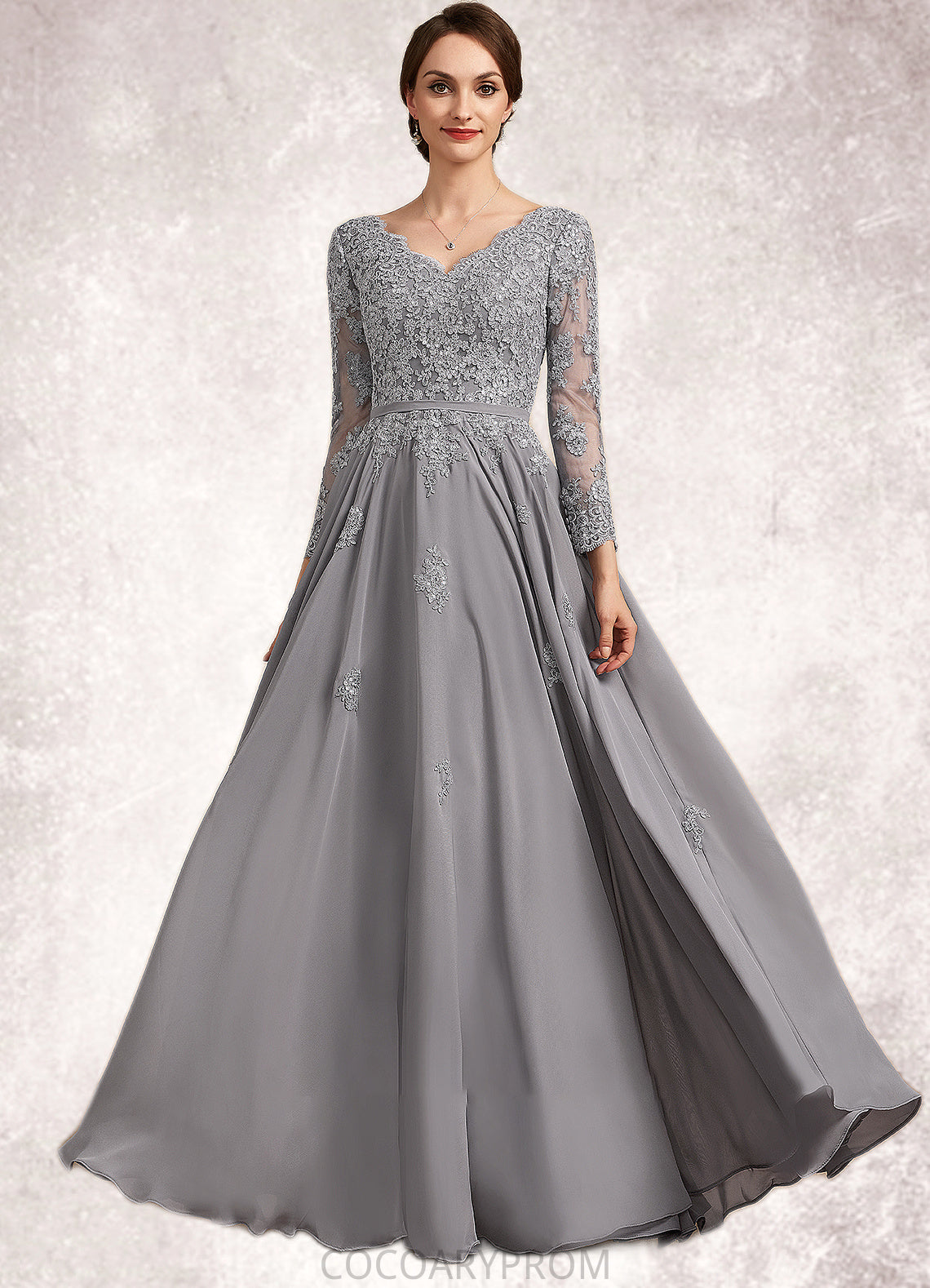 Everleigh A-Line V-neck Floor-Length Chiffon Lace Mother of the Bride Dress DA8126P0014881