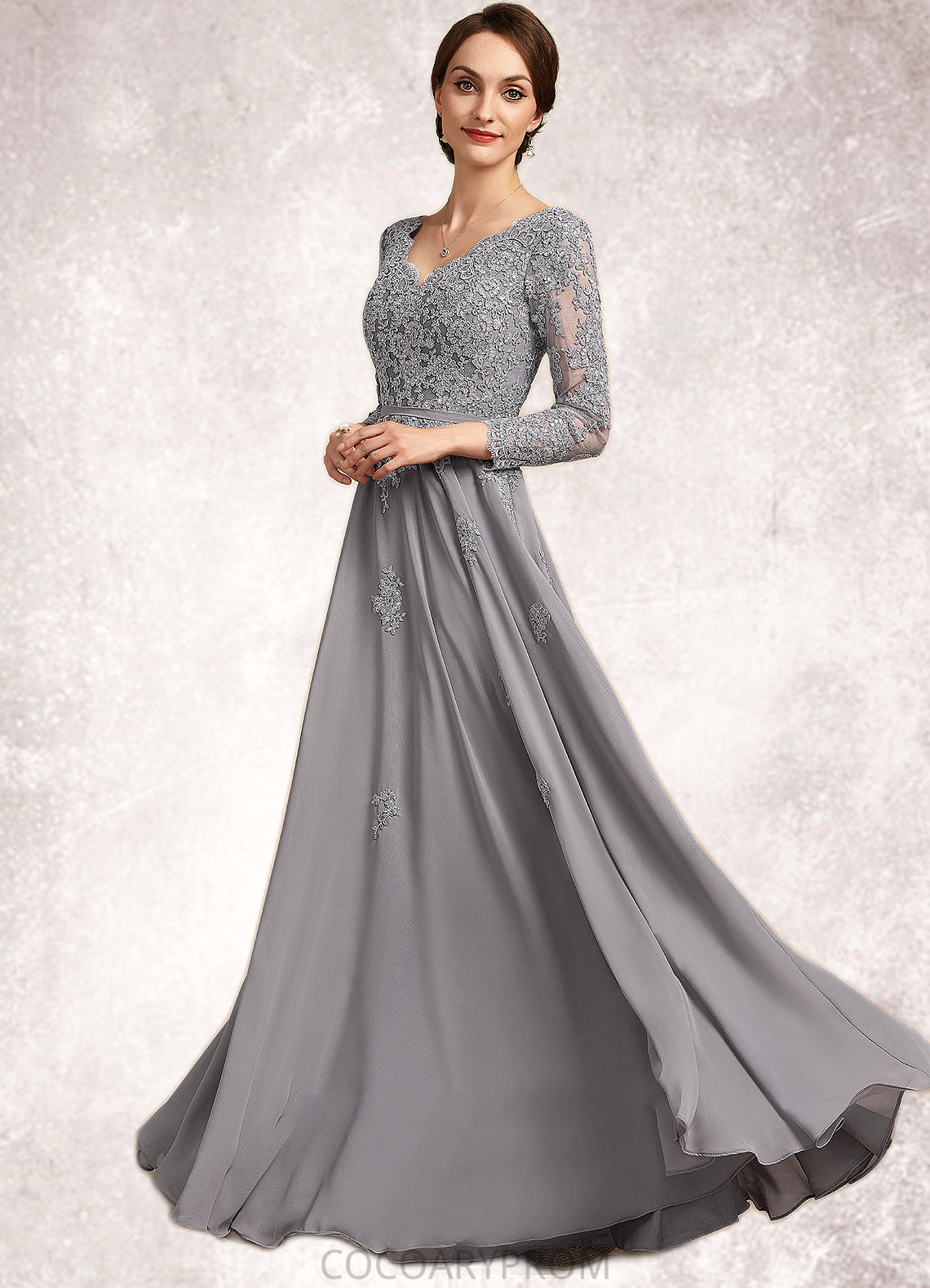 Everleigh A-Line V-neck Floor-Length Chiffon Lace Mother of the Bride Dress DA8126P0014881