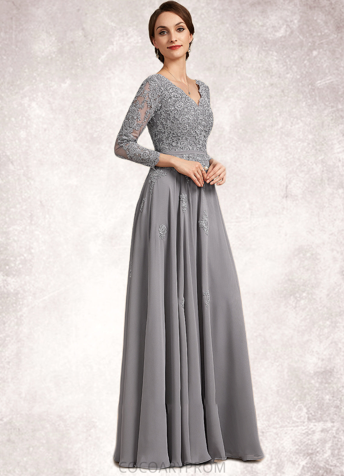 Everleigh A-Line V-neck Floor-Length Chiffon Lace Mother of the Bride Dress DA8126P0014881