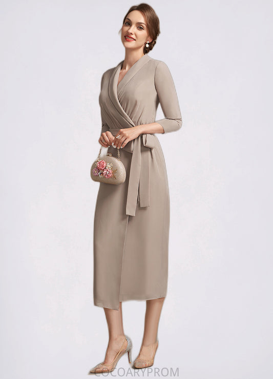 Casey Sheath/Column V-neck Tea-Length Chiffon Mother of the Bride Dress With Bow(s) DA8126P0014891