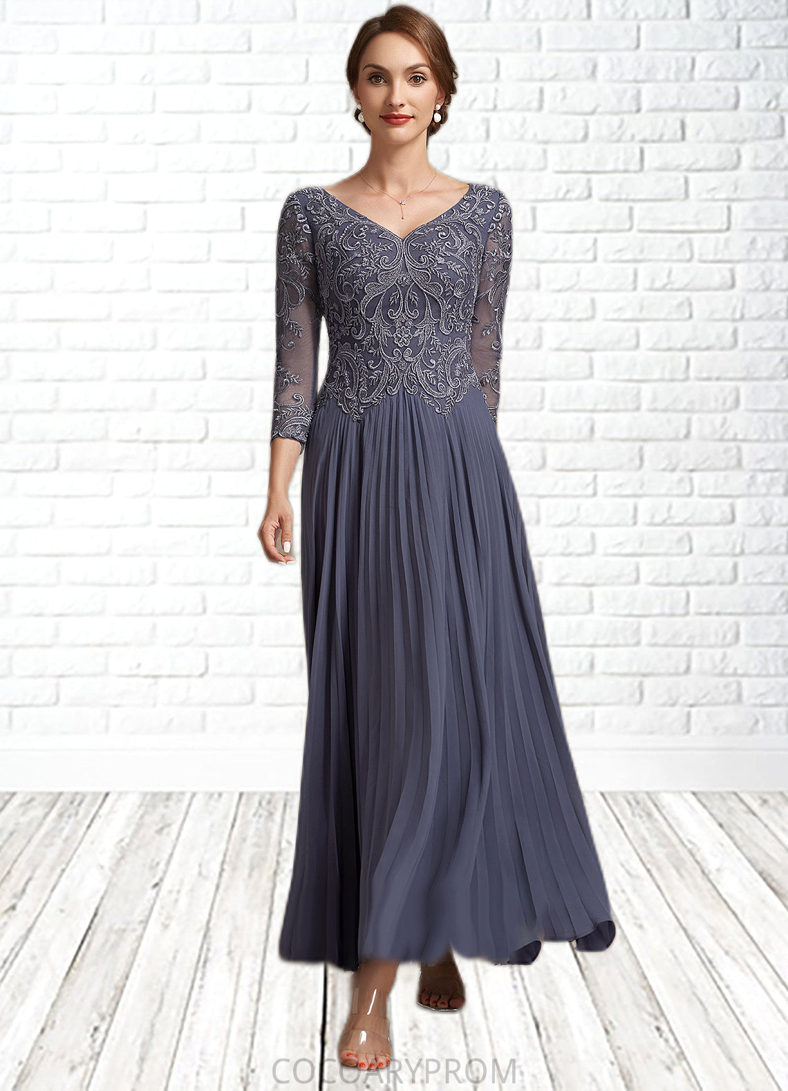 Quintina A-Line V-neck Ankle-Length Chiffon Lace Mother of the Bride Dress DA8126P0014899