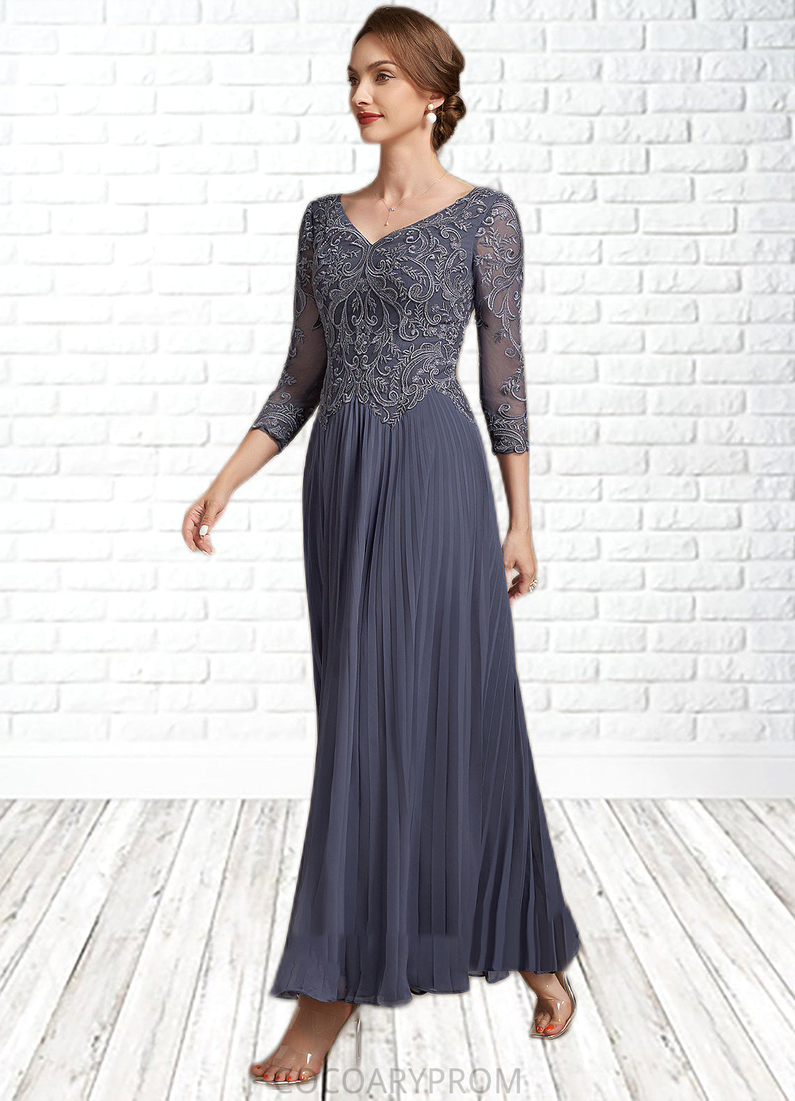 Quintina A-Line V-neck Ankle-Length Chiffon Lace Mother of the Bride Dress DA8126P0014899