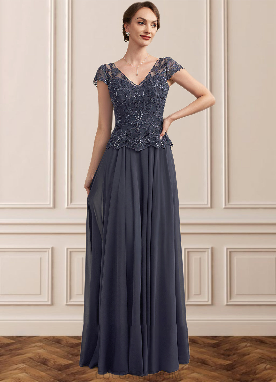 Hadassah A-Line V-neck Floor-Length Chiffon Lace Mother of the Bride Dress With Sequins DA8126P0014901