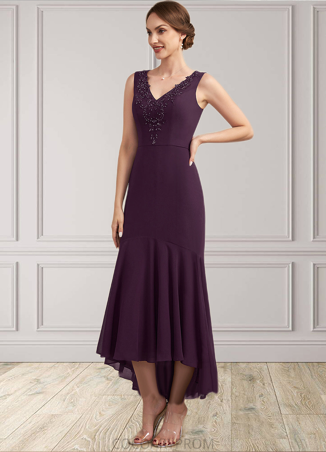 Maddison Trumpet/Mermaid V-neck Asymmetrical Chiffon Mother of the Bride Dress With Lace Beading Sequins DA8126P0014902