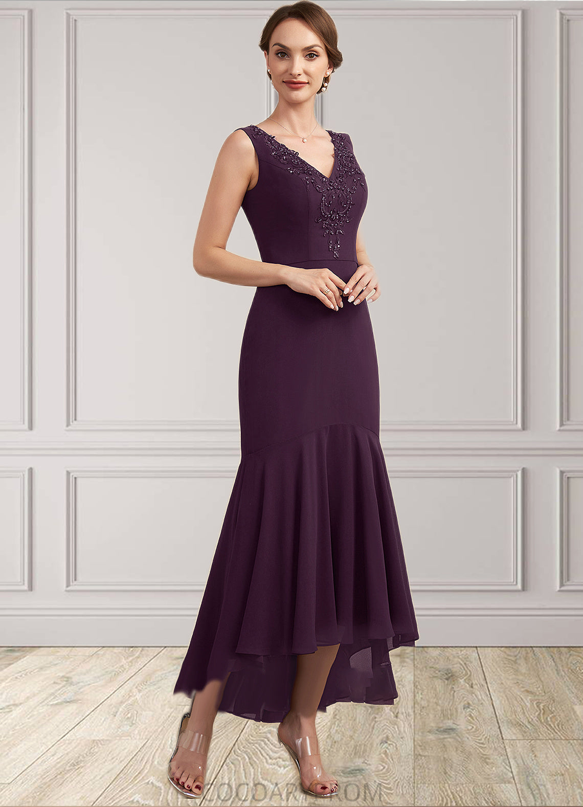 Maddison Trumpet/Mermaid V-neck Asymmetrical Chiffon Mother of the Bride Dress With Lace Beading Sequins DA8126P0014902