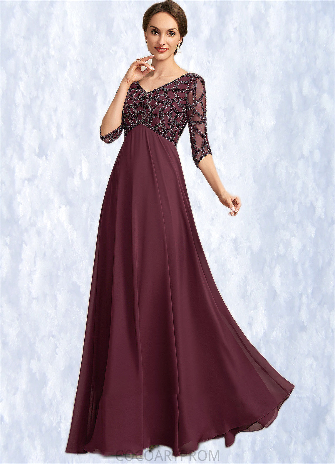 Aubree Empire V-neck Floor-Length Chiffon Mother of the Bride Dress With Beading DA8126P0014906